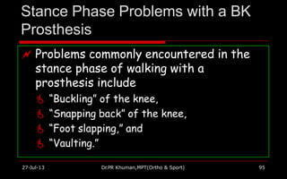 Stance Phase Problems with a BK
Prosthesis
 Problems commonly encountered in the
stance phase of walking with a
prosthesis include
 “Buckling” of the knee,
 “Snapping back” of the knee,
 “Foot slapping,” and
 “Vaulting.”
27-Jul-13 Dr.PR Khuman,MPT(Ortho & Sport) 95
 