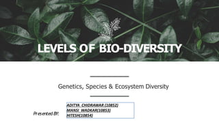 LEVELS OF BIO-DIVERSITY
Genetics, Species & Ecosystem Diversity
Presented BY:
ADITYA CHIDRAWAR (10852)
MANSI WADKAR(10853)
HITESH(10854)
 