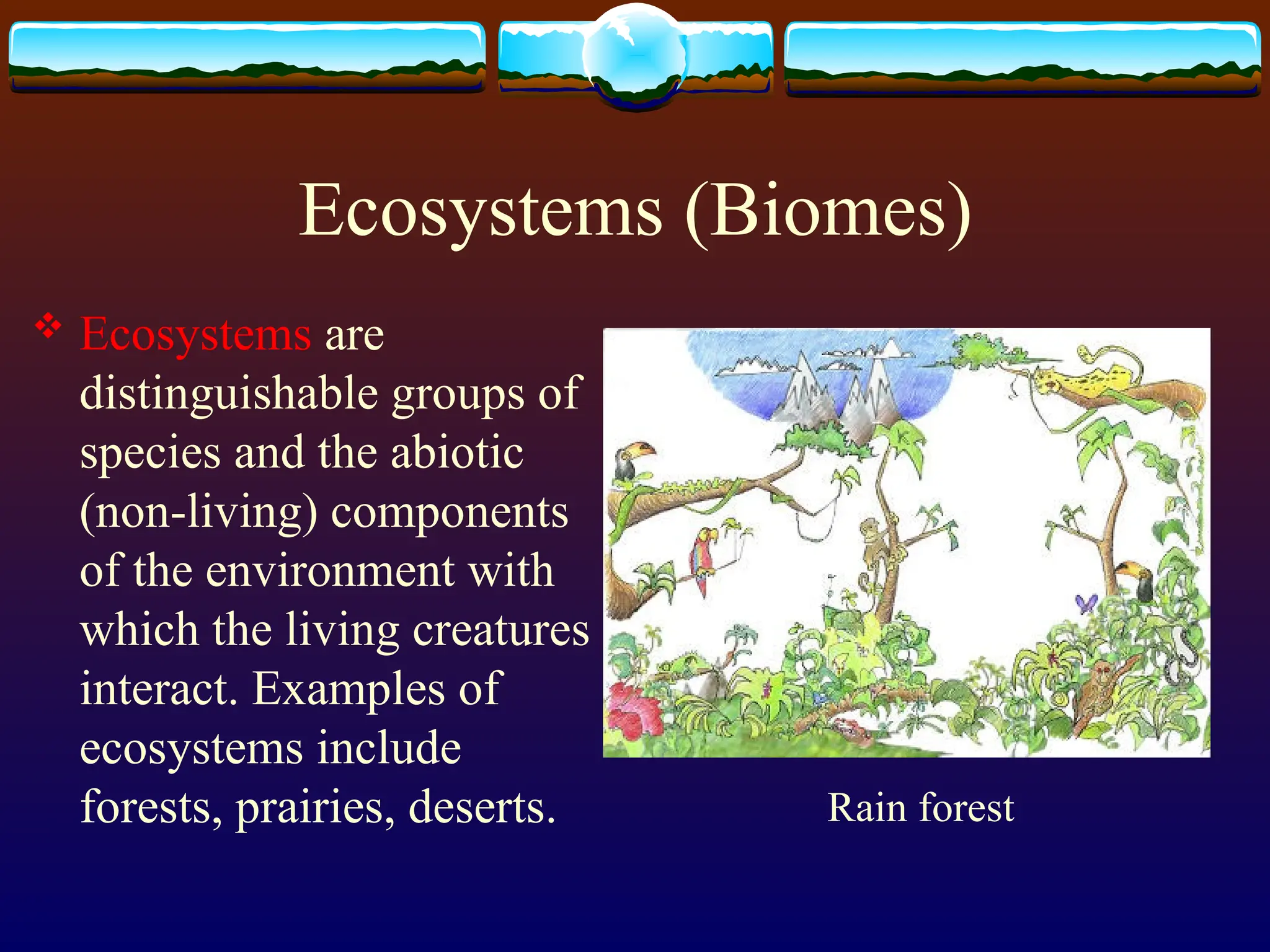 Ecosystems (Biomes)
 Ecosystems are
distinguishable groups of
species and the abiotic
(non-living) components
of the environment with
which the living creatures
interact. Examples of
ecosystems include
forests, prairies, deserts. Rain forest
 