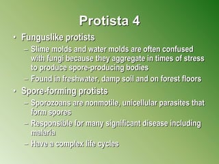 Protista 4
• Funguslike protists
– Slime molds and water molds are often confused
with fungi because they aggregate in times of stress
to produce spore-producing bodies
– Found in freshwater, damp soil and on forest floors
• Spore-forming protists
– Sporozoans are nonmotile, unicellular parasites that
form spores
– Responsible for many significant disease including
malaria
– Have a complex life cycles
 