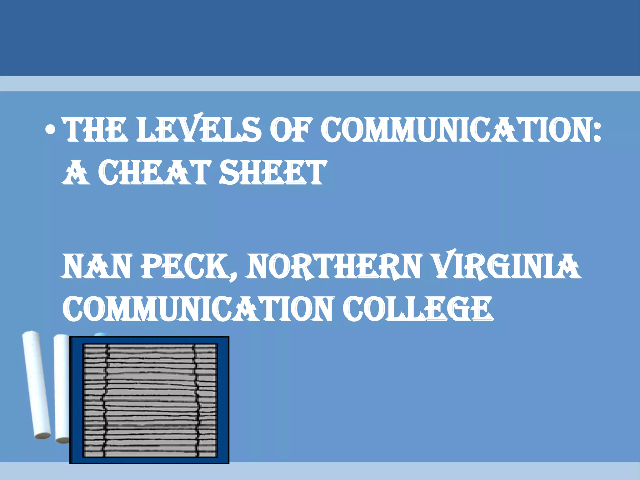 •The Levels of Communication:
A Cheat Sheet
Nan Peck, Northern Virginia
Communication College
 