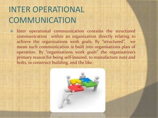 INTER OPERATIONAL 
COMMUNICATION 
 Inter operational communication contains the structured 
communication within an organization directly relating to 
achieve the organizations work goals. By “structured”, we 
mean such communication is built into organisations plan of 
operation. By “organisations work goals” the organisation’s 
primary reason for being self-insured, to manufacture nuts and 
bolts, to construct building, and the like. 
 