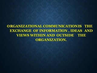 ORGANIZATIONAL COMMUNICATIONIS THE
EXCHANGE OF INFORMATION , IDEAS AND
VIEWS WITHIN AND OUTSIDE THE
ORGANIZATION.
 