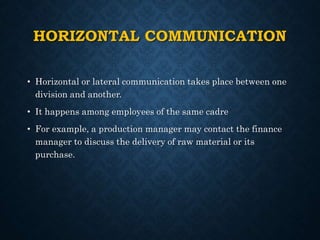 HORIZONTAL COMMUNICATION
• Horizontal or lateral communication takes place between one
division and another.
• It happens among employees of the same cadre
• For example, a production manager may contact the finance
manager to discuss the delivery of raw material or its
purchase.
 