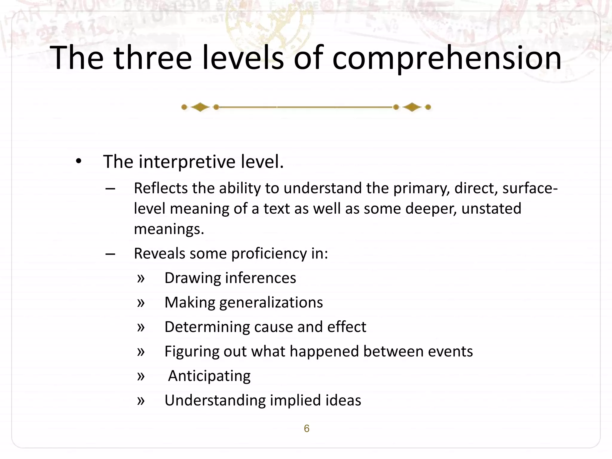 6
The three levels of comprehension
• The interpretive level.
– Reflects the ability to understand the primary, direct, surface-
level meaning of a text as well as some deeper, unstated
meanings.
– Reveals some proficiency in:
» Drawing inferences
» Making generalizations
» Determining cause and effect
» Figuring out what happened between events
» Anticipating
» Understanding implied ideas
 