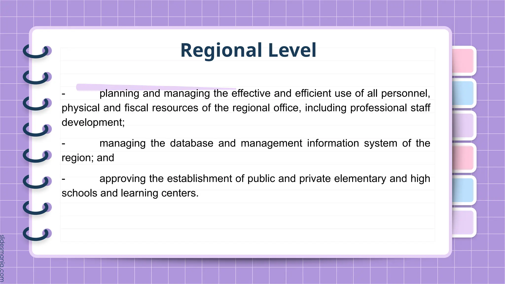 Regional Level
- planning and managing the effective and efficient use of all personnel,
physical and fiscal resources of the regional office, including professional staff
development;
- managing the database and management information system of the
region; and
- approving the establishment of public and private elementary and high
schools and learning centers.
 
