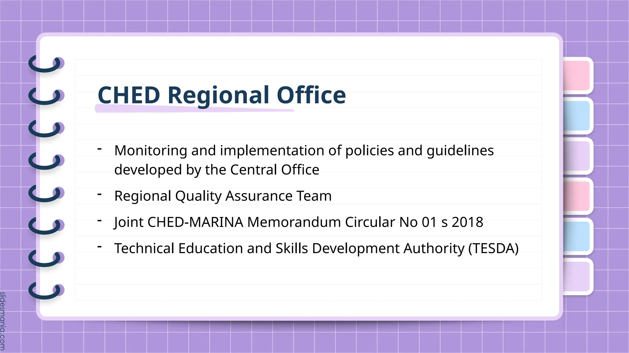 CHED Regional Office
- Monitoring and implementation of policies and guidelines
developed by the Central Office
- Regional Quality Assurance Team
- Joint CHED-MARINA Memorandum Circular No 01 s 2018
- Technical Education and Skills Development Authority (TESDA)
 