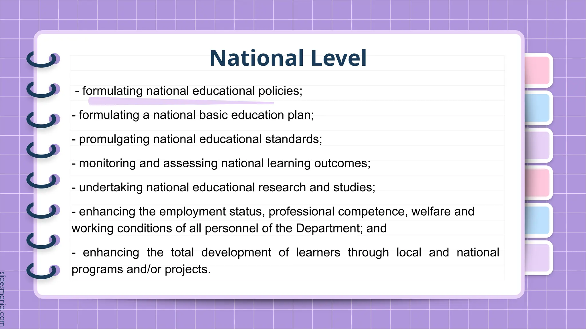 National Level
- formulating national educational policies;
- formulating a national basic education plan;
- promulgating national educational standards;
- monitoring and assessing national learning outcomes;
- undertaking national educational research and studies;
- enhancing the employment status, professional competence, welfare and
working conditions of all personnel of the Department; and
- enhancing the total development of learners through local and national
programs and/or projects.
 
