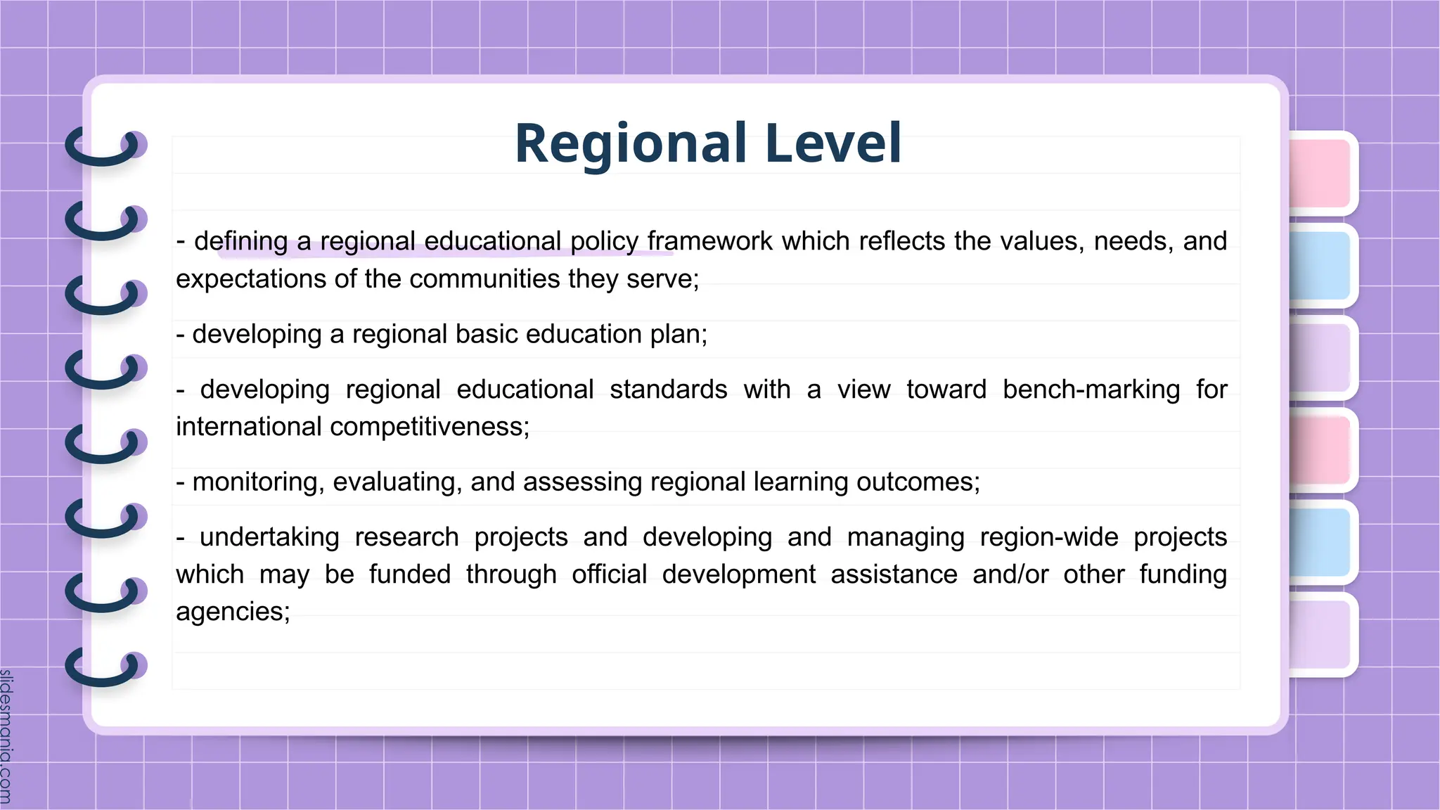 Regional Level
- defining a regional educational policy framework which reflects the values, needs, and
expectations of the communities they serve;
- developing a regional basic education plan;
- developing regional educational standards with a view toward bench-marking for
international competitiveness;
- monitoring, evaluating, and assessing regional learning outcomes;
- undertaking research projects and developing and managing region-wide projects
which may be funded through official development assistance and/or other funding
agencies;
 