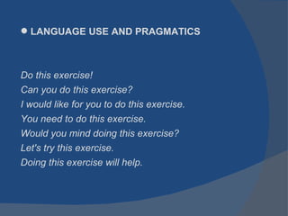 LANGUAGE USE AND PRAGMATICS Do this exercise! Can you do this exercise? I would like for you to do this exercise. You need to do this exercise. Would you mind doing this exercise? Let's try this exercise. Doing this exercise will help. 