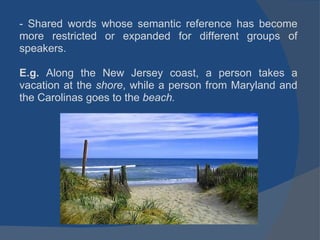 - Shared words whose semantic reference has become more restricted or expanded for different groups of speakers. E.g.  Along the New Jersey coast, a person takes a vacation at the  shore , while a person from Maryland and the Carolinas goes to the  beach. 