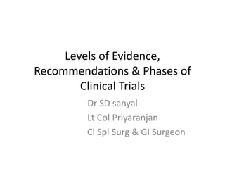 Levels of Evidence,
Recommendations & Phases of
Clinical Trials
Dr SD sanyal
Lt Col Priyaranjan
Cl Spl Surg & GI Surgeon
 