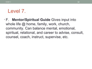 Level 7. F. Mentor/Spiritual Guide  Gives input into whole life @ home, family, work, church, community. Can balance mental, emotional, spiritual, relational, and career to advise, consult, counsel, coach, instruct, supervise, etc. 10/08/11 