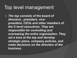 Top level management


The top consists of the board of
directors , president, vicepresident, CEOs and other members of
the C-level executives. They are
responsible for controlling and
overseeing the entire organization. They
set a tone at the top and develop
strategic plans, company policies, and
make decisions on the direction of the
business.

 