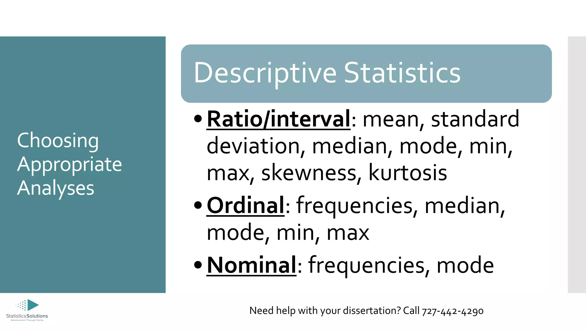Choosing
Appropriate
Analyses
Descriptive Statistics
•Ratio/interval: mean, standard
deviation, median, mode, min,
max, skewness, kurtosis
•Ordinal: frequencies, median,
mode, min, max
•Nominal: frequencies, mode
Need help with your dissertation? Call 727-442-4290
 