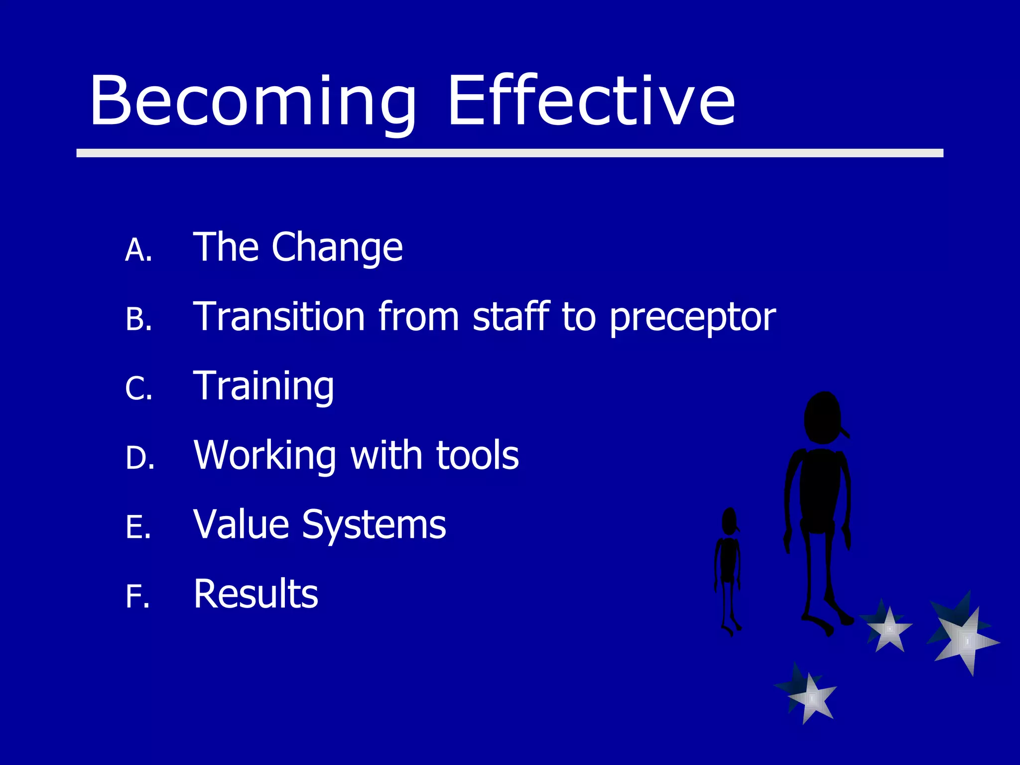 The Change Transition from staff to preceptor Training Working with tools Value Systems Results Becoming Effective 