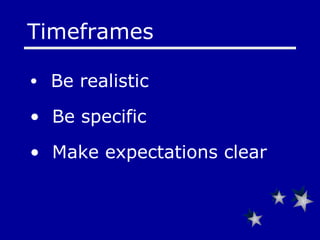 Timeframes   Be realistic  Be specific Make expectations clear 