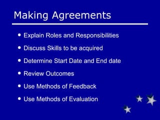 Making Agreements Explain Roles and Responsibilities Discuss Skills to be acquired Determine Start Date and End date Review Outcomes Use Methods of Feedback Use Methods of Evaluation 