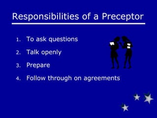 To ask questions Talk openly Prepare Follow through on agreements Responsibilities of a Preceptor  