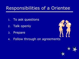 To ask questions Talk openly Prepare Follow through on agreements Responsibilities of a Orientee  