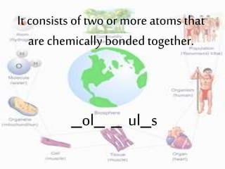 It consists of two or more atoms that
are chemically bonded together.
_ol_ _ ul_s
 