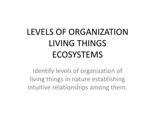 LEVELS OF ORGANIZATION 
LIVING THINGS 
ECOSYSTEMS 
Identify levels of organization of 
living things in nature establishing 
intuitive relationships among them. 
 