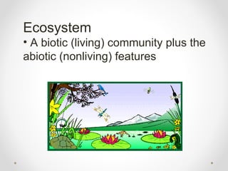 Ecosystem
• A biotic (living) community plus the
abiotic (nonliving) features
 