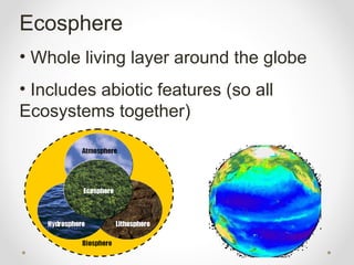 Ecosphere
• Whole living layer around the globe
• Includes abiotic features (so all
Ecosystems together)
 