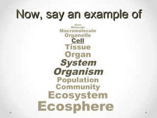 Now, say an example of
            Atom
           Molecule
       Macromolecule
        Organelle
           Cell
        Tissue
        Organ
       System
      Organism
      Population
      Community
     Ecosystem
   Ecosphere
 