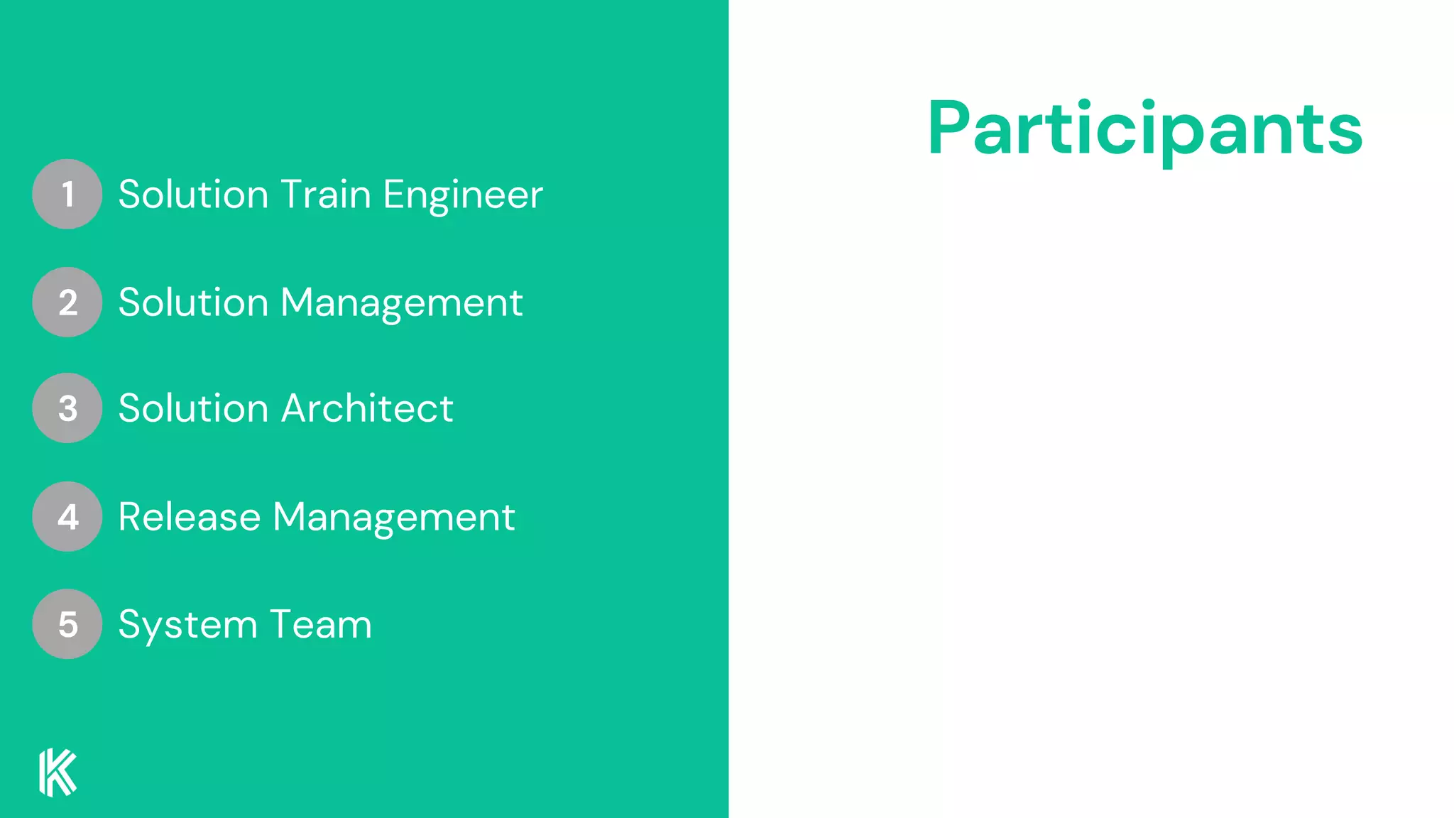 Participants
Solution Train Engineer
Solution Management
Solution Architect
1
2
3
Release Management
System Team
4
5
 