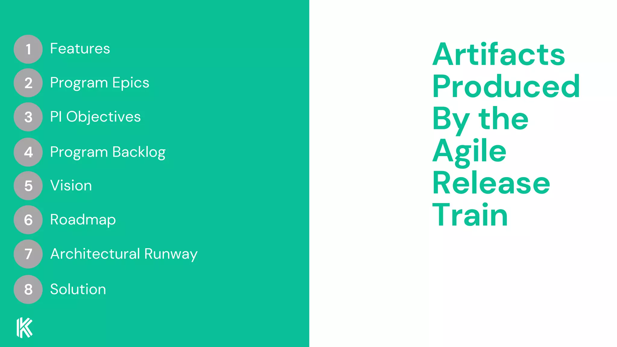 Artifacts
Produced
By the
Agile
Release
Train
Features
Program Epics
PI Objectives
1
2
3
Program Backlog
Vision
Roadmap
4
5
6
Architectural Runway
7
Solution
8
 
