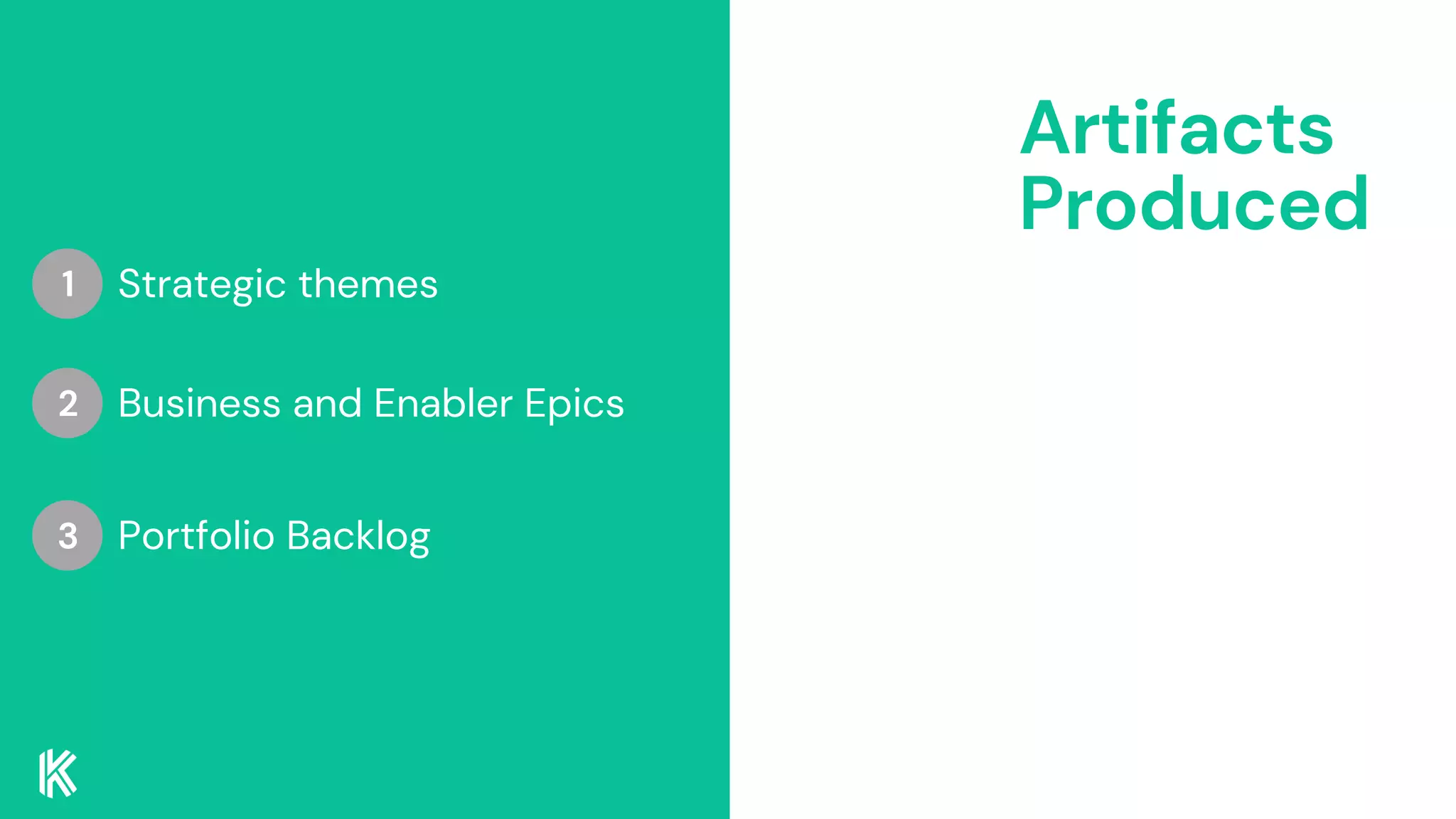 Artifacts
Produced
Strategic themes
Business and Enabler Epics
Portfolio Backlog
1
2
3
 
