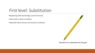 First level: Substitution
•Replacing with technology current lessons.
•Same task is done as before.
•Typically these lessons are teacher centered.
The pencil is a substitution for the pen.
 