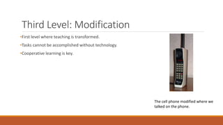 Third Level: Modification
•First level where teaching is transformed.
•Tasks cannot be accomplished without technology.
•Cooperative learning is key.
The cell phone modified where we
talked on the phone.
 