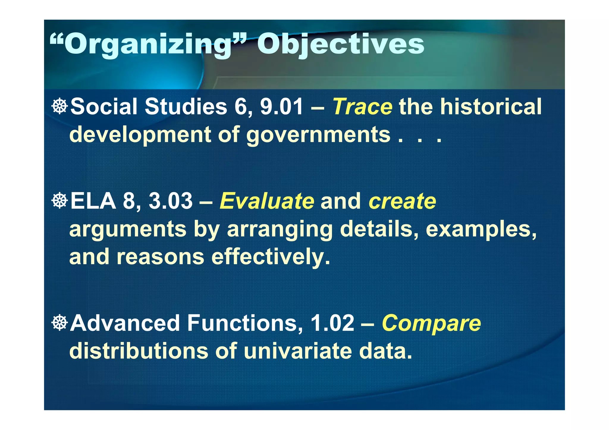 “Organizing” Objectives
Social Studies 6, 9.01 – Trace the historical
development of governments . . .
ELA 8, 3.03 – Evaluate and create
arguments by arranging details, examples,
and reasons effectively.
Advanced Functions, 1.02 – Compare
distributions of univariate data.
 