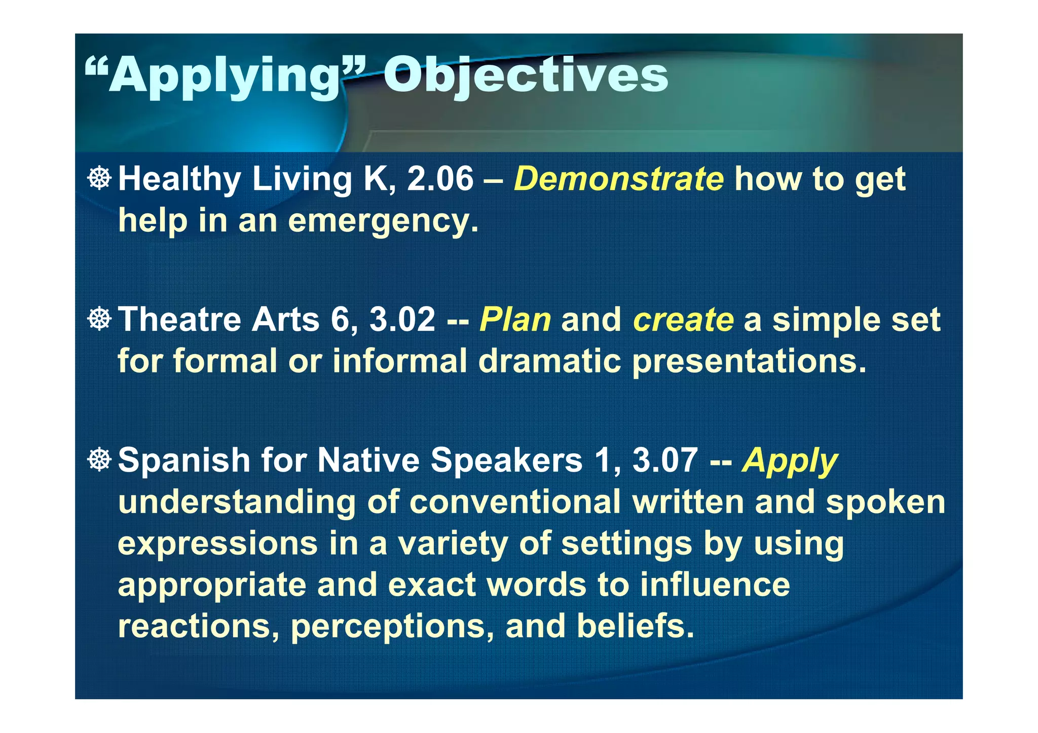 “Applying” Objectives
Healthy Living K, 2.06 – Demonstrate how to get
help in an emergency.
Theatre Arts 6, 3.02 -- Plan and create a simple set
for formal or informal dramatic presentations.for formal or informal dramatic presentations.
Spanish for Native Speakers 1, 3.07 -- Apply
understanding of conventional written and spoken
expressions in a variety of settings by using
appropriate and exact words to influence
reactions, perceptions, and beliefs.
 