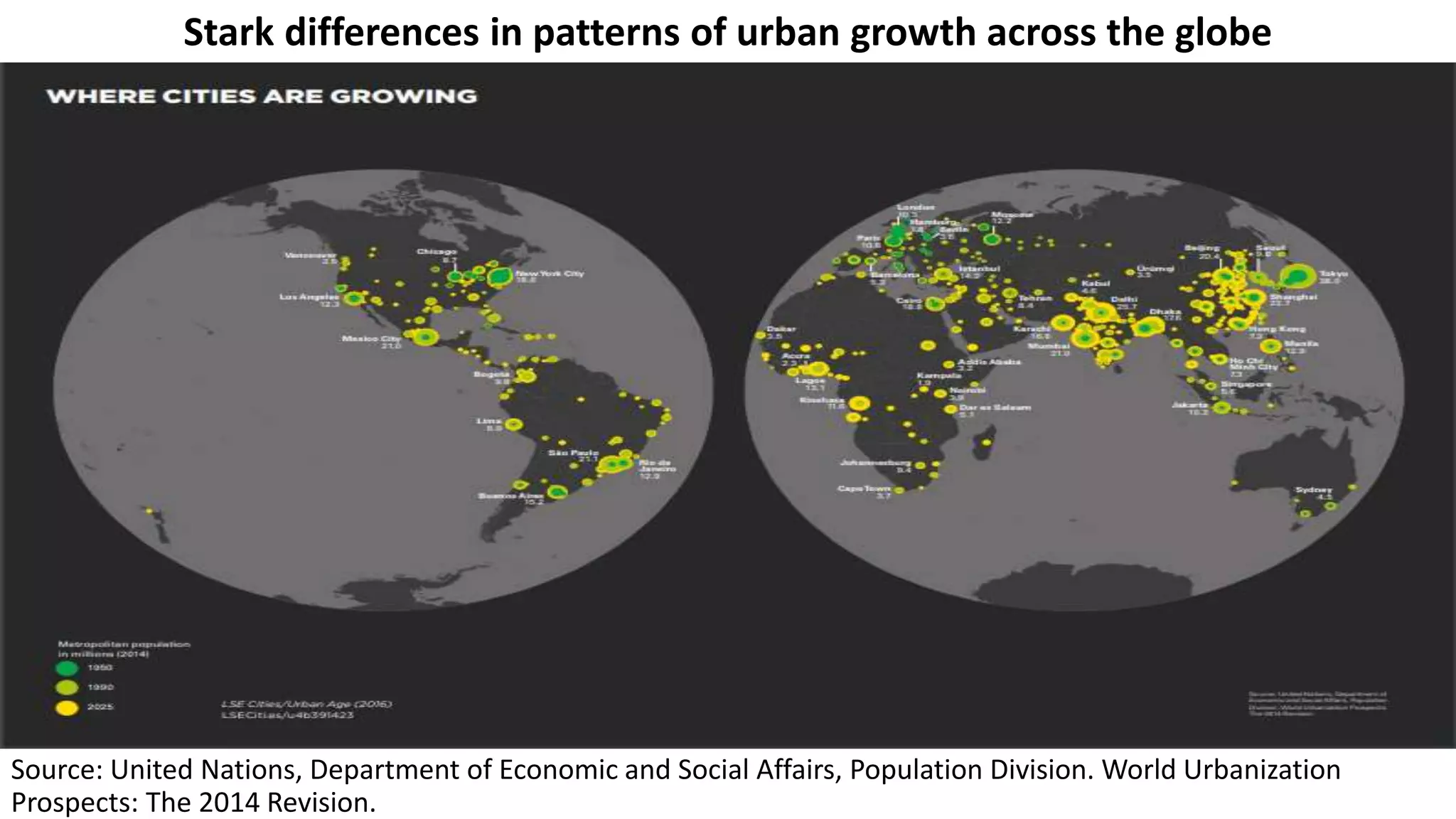 Source: United Nations, Department of Economic and Social Affairs, Population Division. World Urbanization
Prospects: The 2014 Revision.
Stark differences in patterns of urban growth across the globe
 