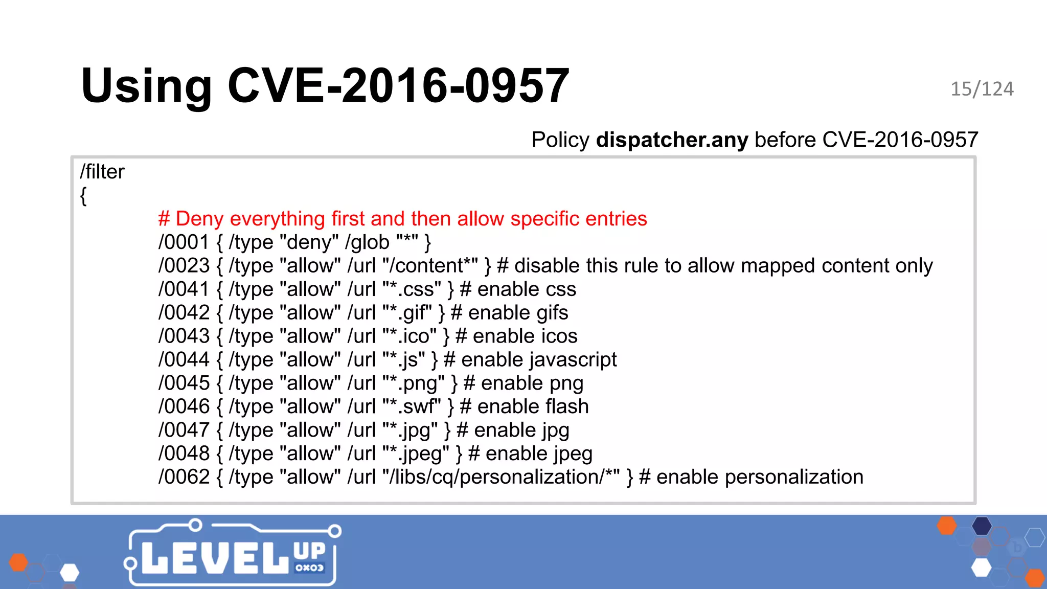 Using CVE-2016-0957 /filter { # Deny everything first and then allow specific entries /0001 { /type "deny" /glob "*" } /0023 { /type "allow" /url "/content*" } # disable this rule to allow mapped content only /0041 { /type "allow" /url "*.css" } # enable css /0042 { /type "allow" /url "*.gif" } # enable gifs /0043 { /type "allow" /url "*.ico" } # enable icos /0044 { /type "allow" /url "*.js" } # enable javascript /0045 { /type "allow" /url "*.png" } # enable png /0046 { /type "allow" /url "*.swf" } # enable flash /0047 { /type "allow" /url "*.jpg" } # enable jpg /0048 { /type "allow" /url "*.jpeg" } # enable jpeg /0062 { /type "allow" /url "/libs/cq/personalization/*" } # enable personalization Policy dispatcher.any before CVE-2016-0957 15/124 