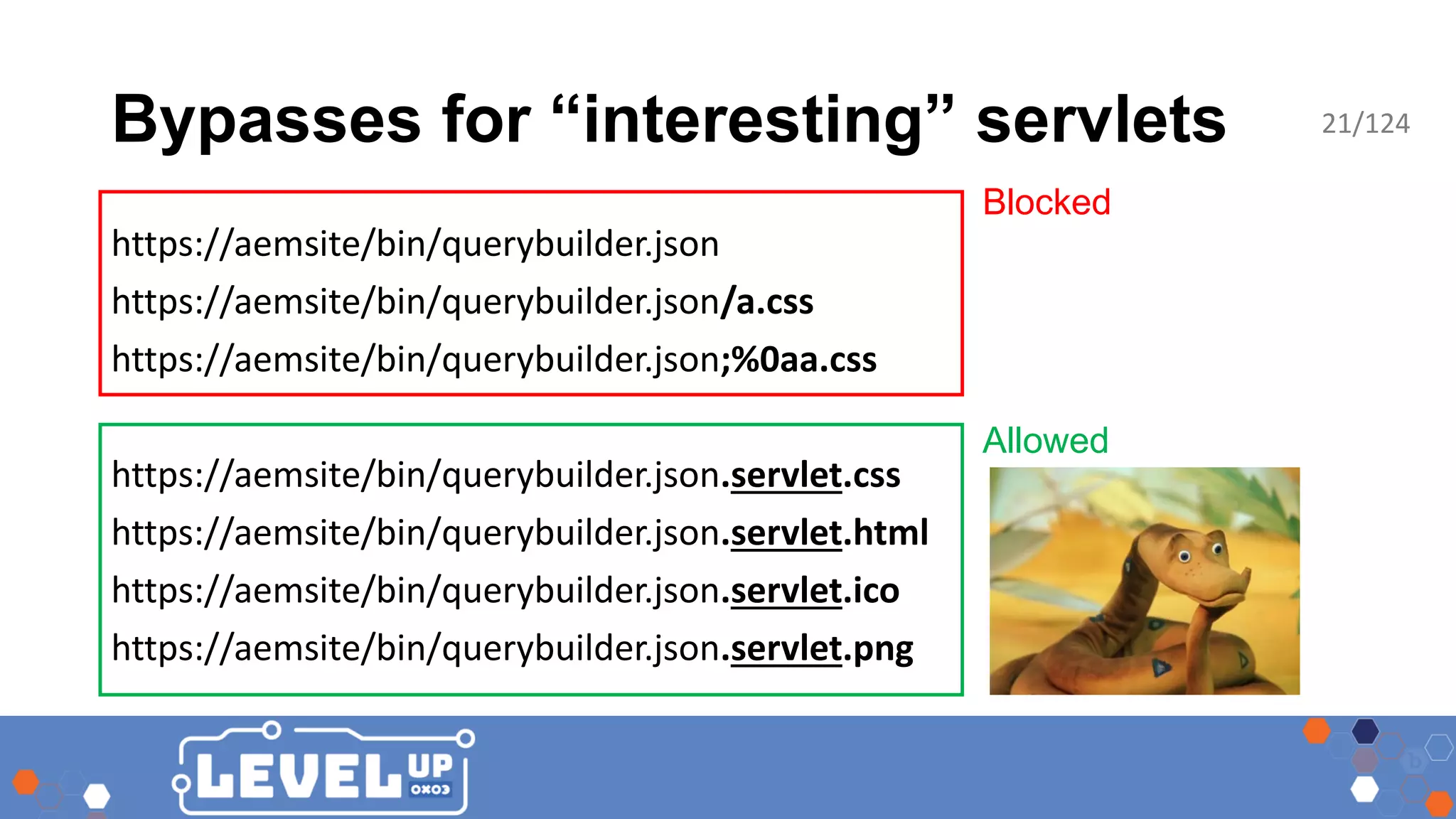 Bypasses for “interesting” servlets https://aemsite/bin/querybuilder.json https://aemsite/bin/querybuilder.json/a.css https://aemsite/bin/querybuilder.json;%0aa.css https://aemsite/bin/querybuilder.json.servlet.css https://aemsite/bin/querybuilder.json.servlet.html https://aemsite/bin/querybuilder.json.servlet.ico https://aemsite/bin/querybuilder.json.servlet.png Blocked Allowed 21/124 