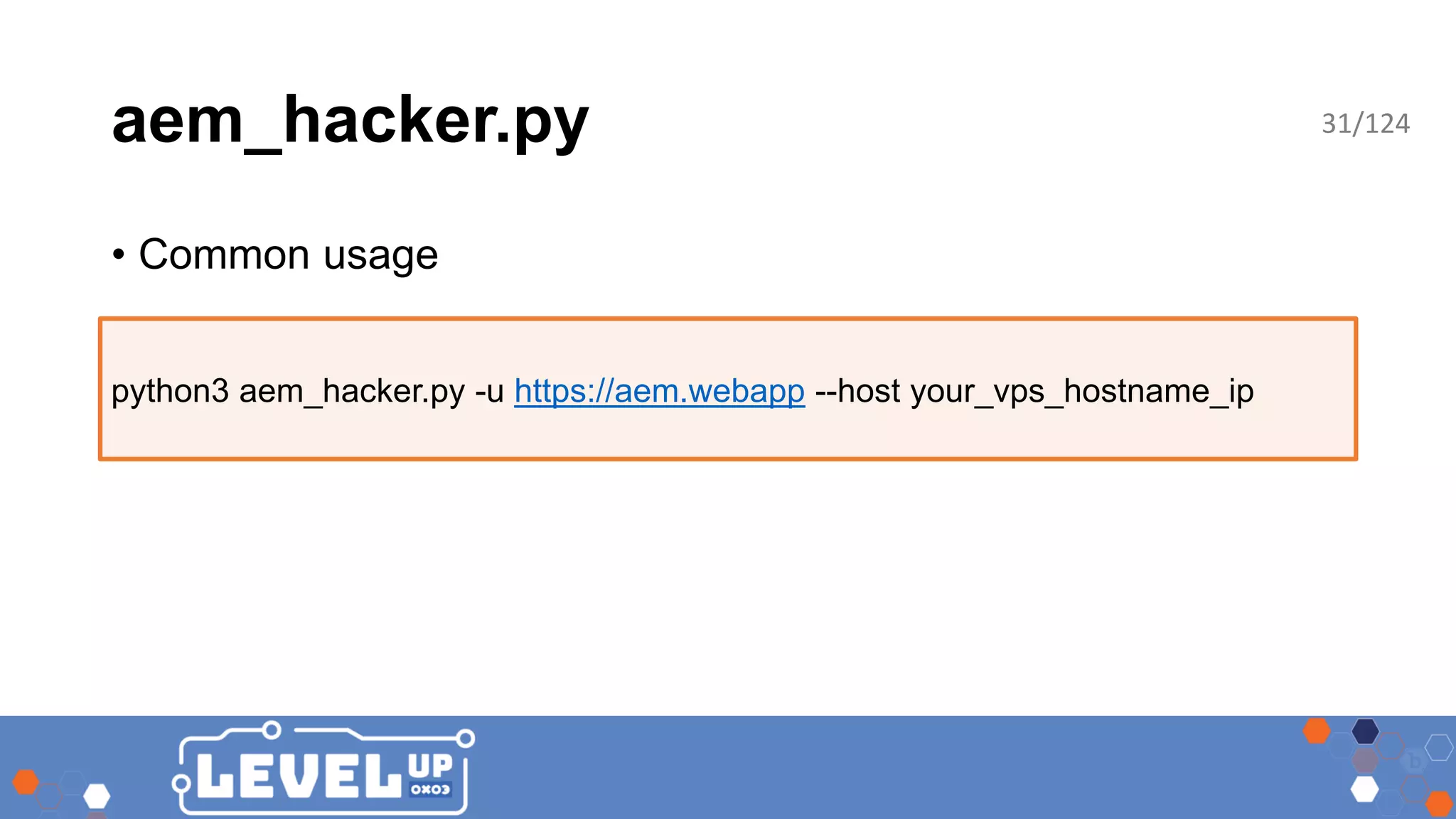 aem_hacker.py python3 aem_hacker.py -u https://aem.webapp --host your_vps_hostname_ip • Common usage 31/124 