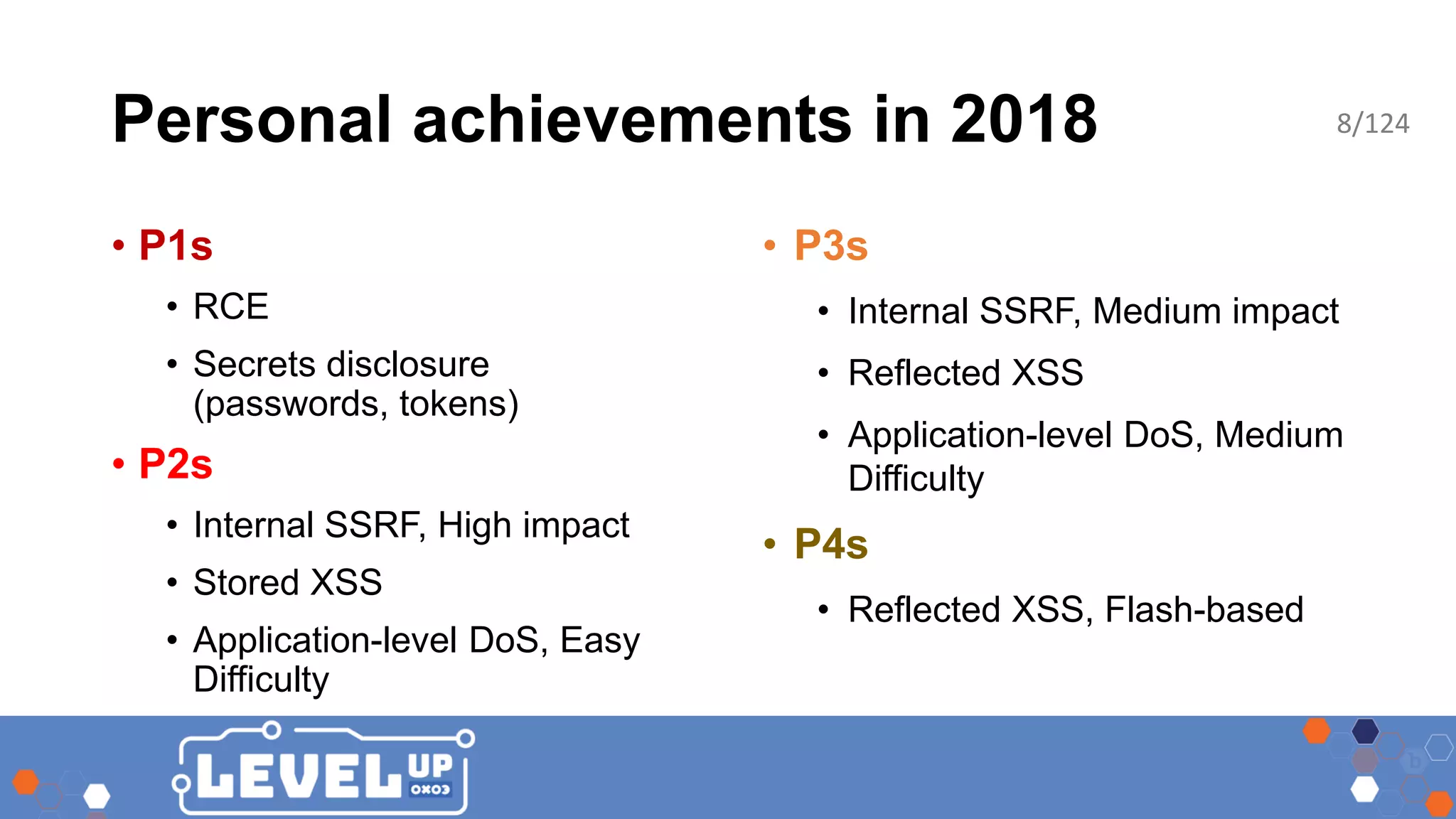 Personal achievements in 2018 • P1s • RCE • Secrets disclosure (passwords, tokens) • P2s • Internal SSRF, High impact • Stored XSS • Application-level DoS, Easy Difficulty • P3s • Internal SSRF, Medium impact • Reflected XSS • Application-level DoS, Medium Difficulty • P4s • Reflected XSS, Flash-based 8/124 