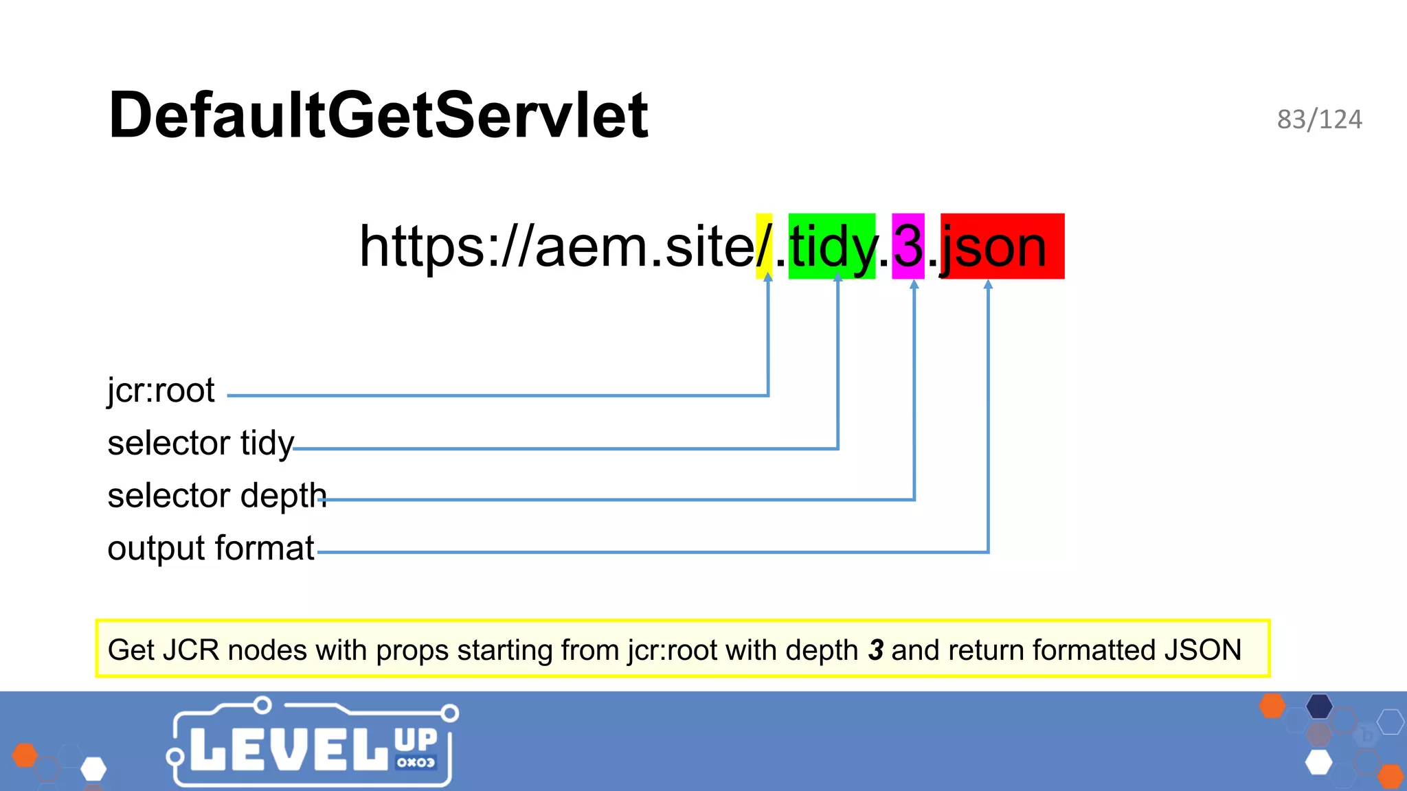 DefaultGetServlet https://aem.site/.tidy.3.json jcr:root selector tidy selector depth output format Get JCR nodes with props starting from jcr:root with depth 3 and return formatted JSON 83/124 