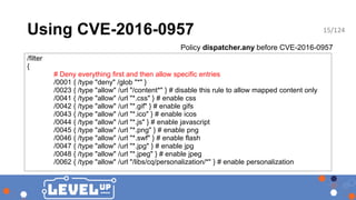 Using CVE-2016-0957
/filter
{
# Deny everything first and then allow specific entries
/0001 { /type "deny" /glob "*" }
/00...
