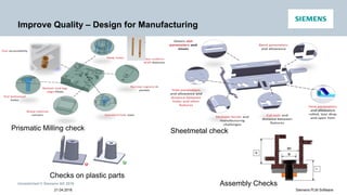 Unrestricted © Siemens AG 2016
21.04.2016 Siemens PLM Software
Improve Quality – Design for Manufacturing
Prismatic Milling check Sheetmetal check
Checks on plastic parts
Assembly Checks
 