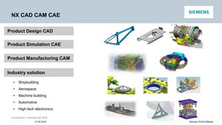 Unrestricted © Siemens AG 2016
21.04.2016 Siemens PLM Software
Product Design CAD
NX CAD CAM CAE
Product Simulation CAE
Product Manufacturing CAM
• Shipbuilding
• Aerospace
• Machine building
• Automotive
• High tech electronics
Industry solution
 