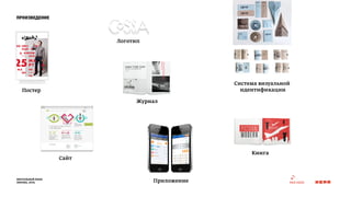 произведение 
Постер 
визуальный язык 
москва, 2014 
Система визуальной 
идентификации 
Логотип 
Журнал 
Книга 
Сайт 
Приложение 
 