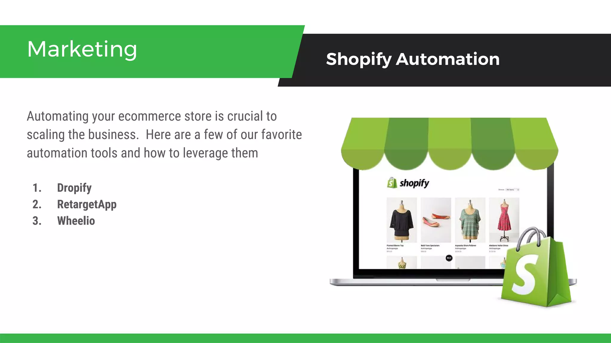 Automating your ecommerce store is crucial to
scaling the business. Here are a few of our favorite
automation tools and how to leverage them
Marketing Shopify Automation
1. Dropify
2. RetargetApp
3. Wheelio
 