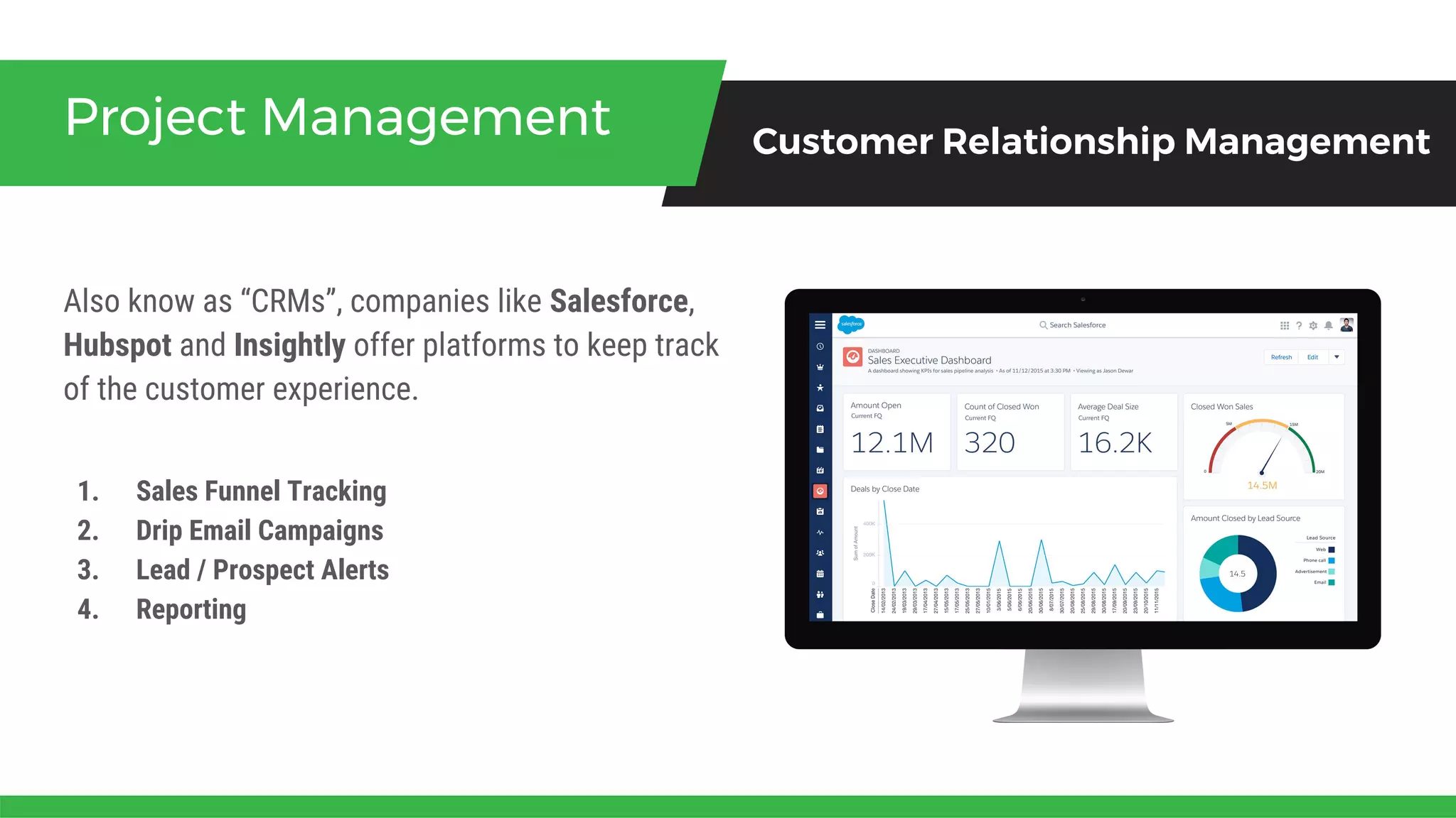 Also know as “CRMs”, companies like Salesforce,
Hubspot and Insightly offer platforms to keep track
of the customer experience.
Project Management Customer Relationship Management
1. Sales Funnel Tracking
2. Drip Email Campaigns
3. Lead / Prospect Alerts
4. Reporting
 