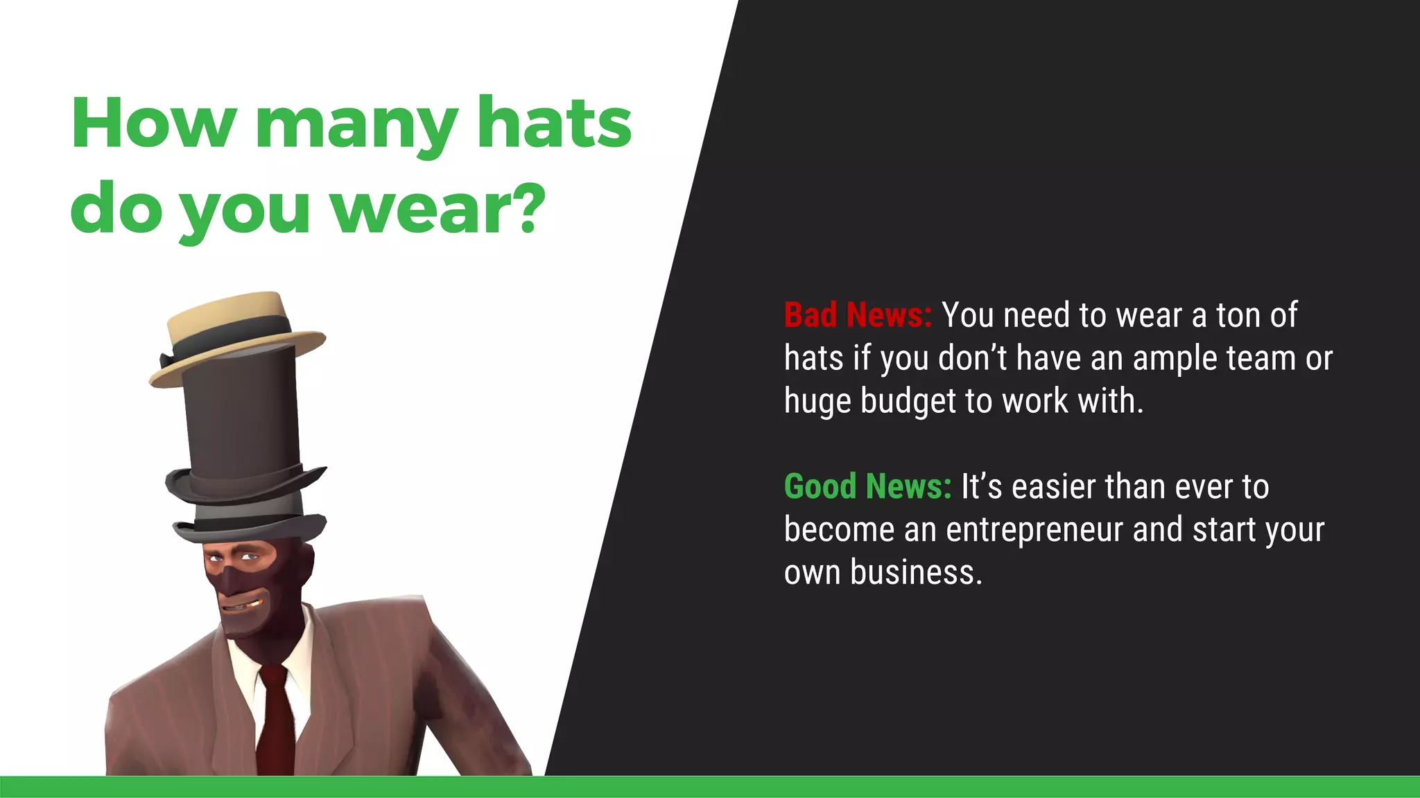 How many hats
do you wear?
Bad News: You need to wear a ton of
hats if you don’t have an ample team or
huge budget to work with.
Good News: It’s easier than ever to
become an entrepreneur and start your
own business.
 